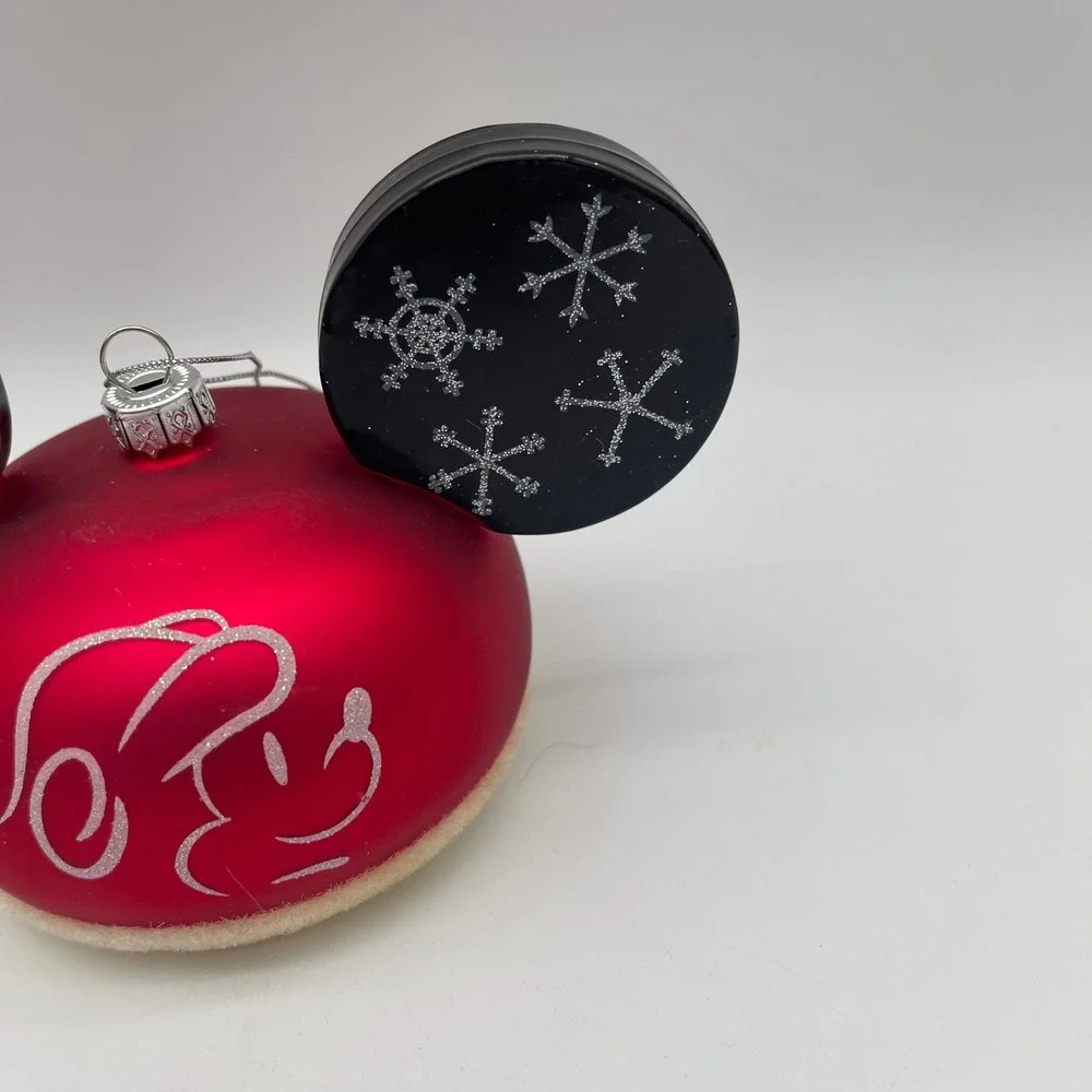 Disney Parks Mickey Mouse Ear Hat Glass Christmas Ornament Red Snowflake NEW